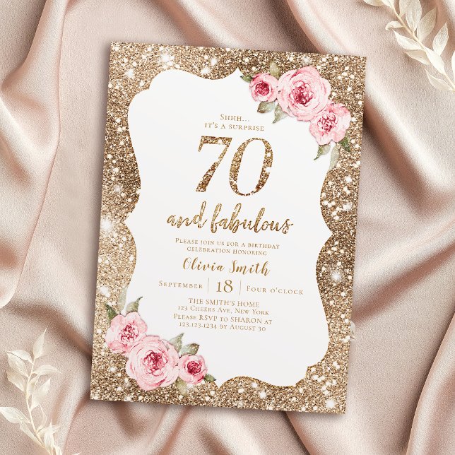 Convites Glitter de ouro brilhante e 70 floral rosa (Sparkle gold glitter and pink floral 70th birthday invitation)