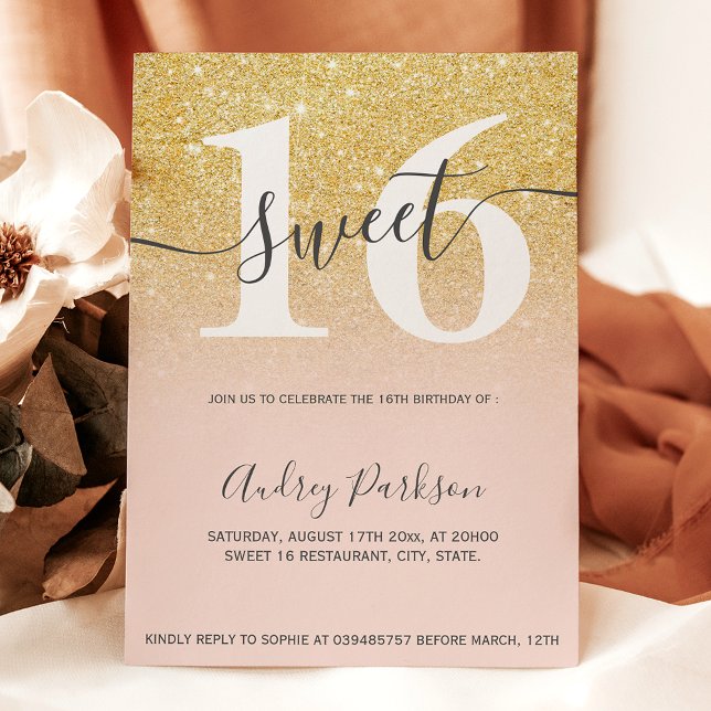 Convites Glitter de ouro chico pincelado - cinza rosa Doce  (Chic gold glitter blush pink girly Sweet 16 Invitation)
