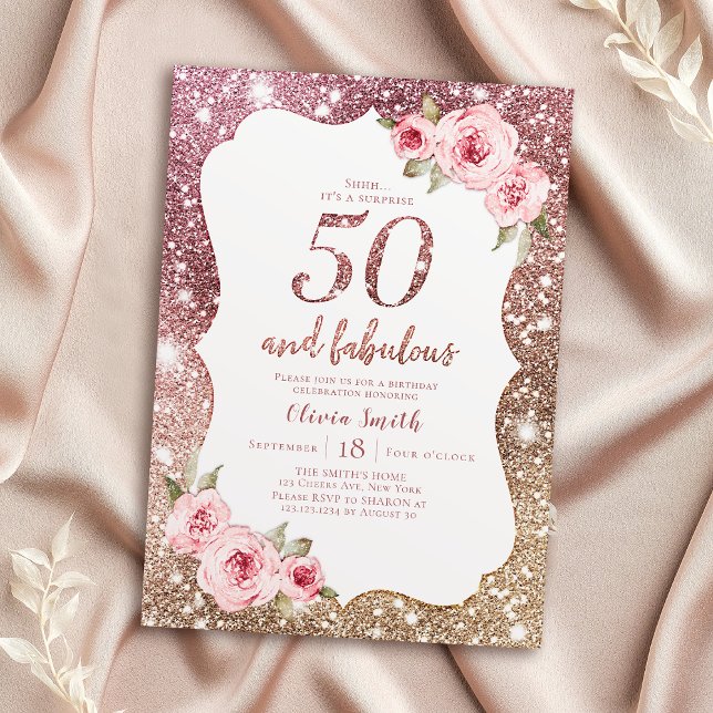 Convites Glitter de ouro de rosa Sparkle e 50 anos florais (Sparkle rose gold glitter and floral 50th birthday invitation)