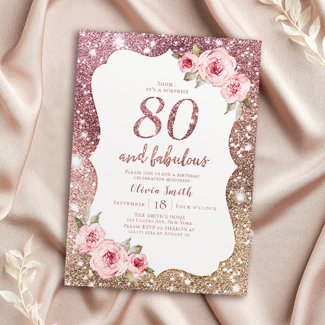 Convites Glitter de ouro de rosa Sparkle e 80 floral (Sparkle rose gold glitter and floral 80th birthday invitation)