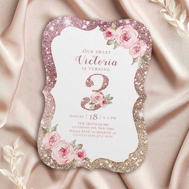 Convites Glitter de ouro de rosa Sparkle e aniversário de 3 (Sparkle rose gold glitter and floral 3rd birthday invitation)