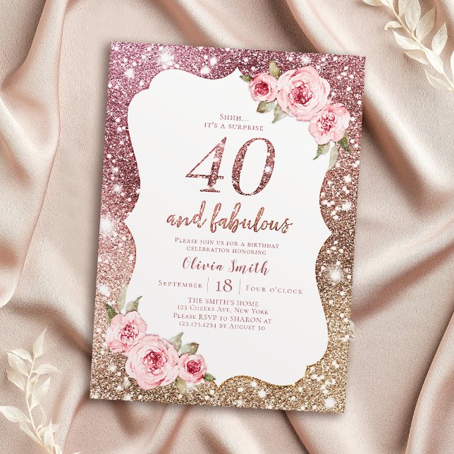 Convites Glitter de ouro de rosa Sparkle e aniversário de 4 (Sparkle rose gold glitter and floral 40th birthday invitation)