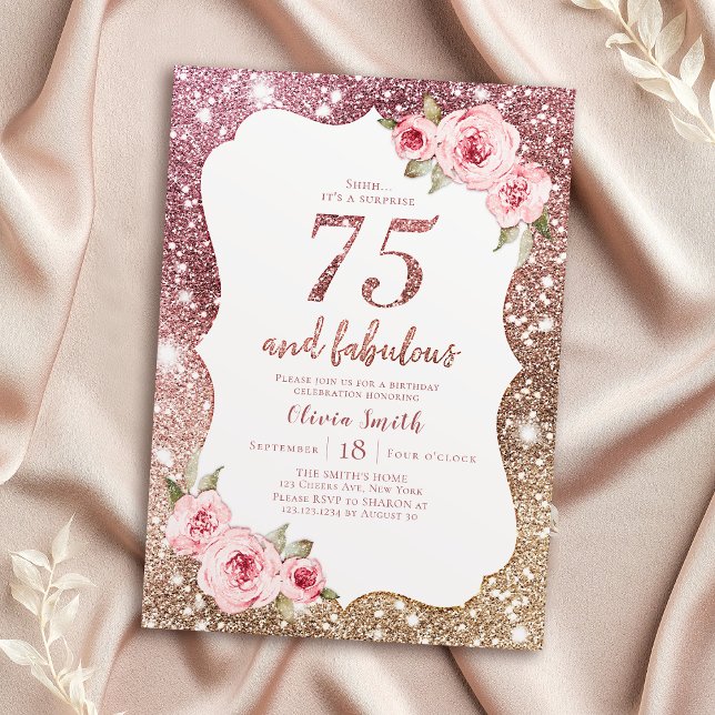 Convites Glitter de ouro de rosa Sparkle e aniversário flor (Sparkle rose gold glitter and floral 75th birthday invitation)