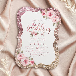 Convites Glitter de ouro de rosa Sparkle e casamento floral