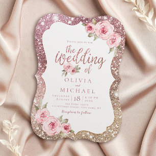 Convites Glitter de ouro de rosa Sparkle e casamento floral