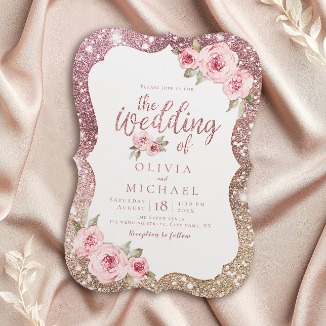 Convites Glitter de ouro de rosa Sparkle e casamento floral (Sparkle rose gold glitter and floral wedding invitation)