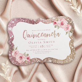 Convites Glitter de ouro de rosa Sparkle e Quinceanera flor
