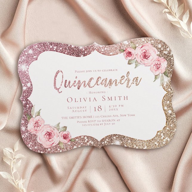 Convites Glitter de ouro de rosa Sparkle e Quinceanera flor (Sparkle rose gold glitter and floral Quinceanera Invitation)