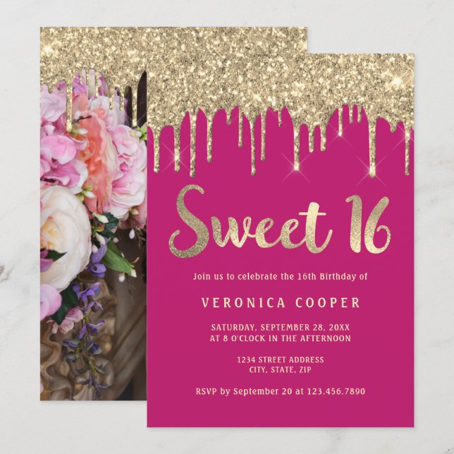 Convites Glitter de ouro elegante goteja doce dezesseis fot (Frente/Verso)