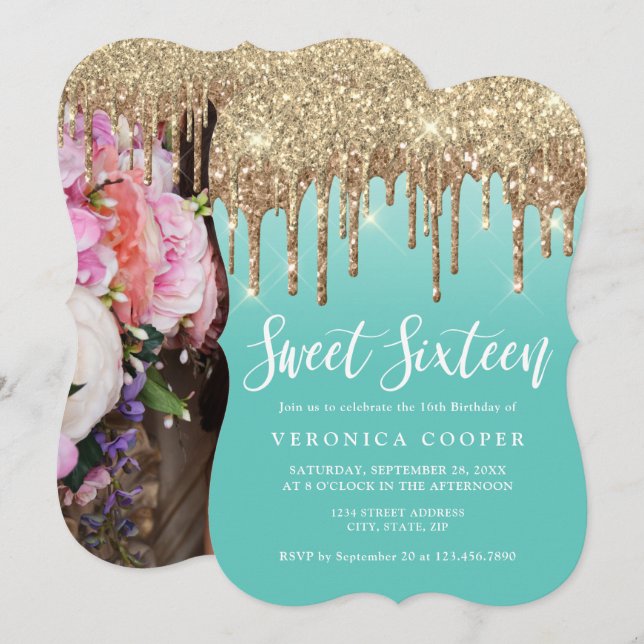 Convites Glitter de ouro elegante goteja doce dezesseis fot (Frente/Verso)