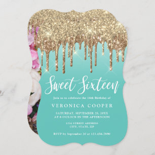 Convites Glitter de ouro elegante goteja doce dezesseis fot