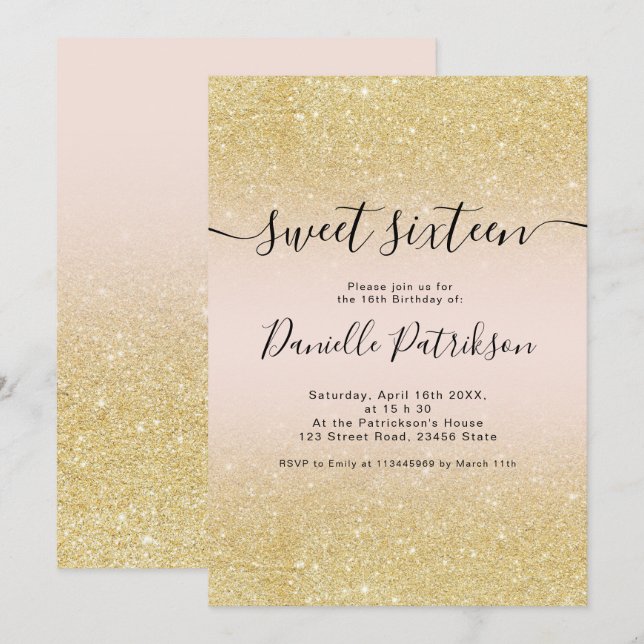 Convites Glitter de ouro quente brilha cor-de-rosa doce 16 (Frente/Verso)
