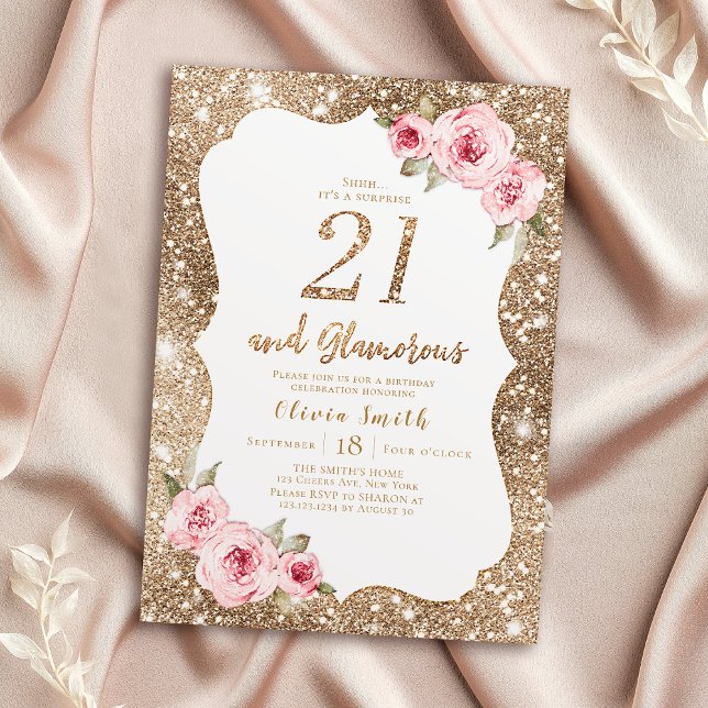 Convites Glitter de ouro rebatível e aniversário de 21 anos (Sparkle gold glitter and pink floral 21st birthday invitation)