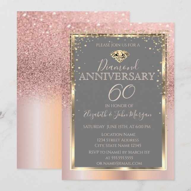 Convites Glitter de Ouro Rosa Diamantes Aniversário de Casa (Frente/Verso)