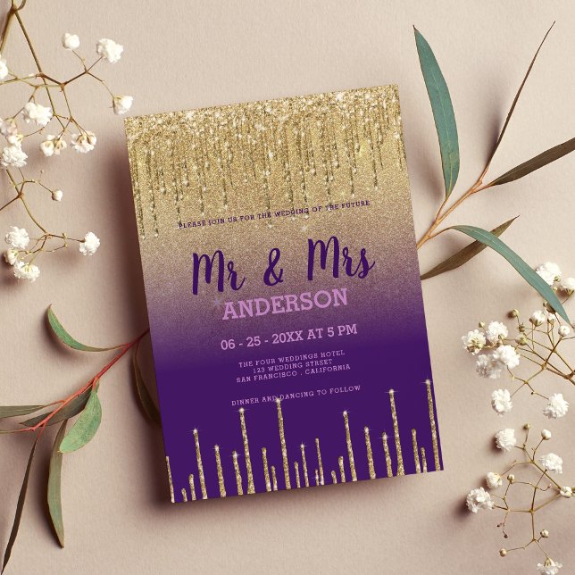 Convites Glitter de ouro roxo usa script MR MRS casamento (Purple gold glitter drips script MR MRS wedding )