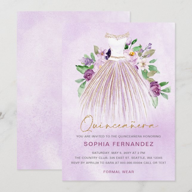 Convites Glitter de ouro roxo Vestido floral Quinceañera (Frente/Verso)