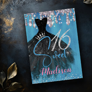 Convites Glitter de prata azul chic pinga doce 16