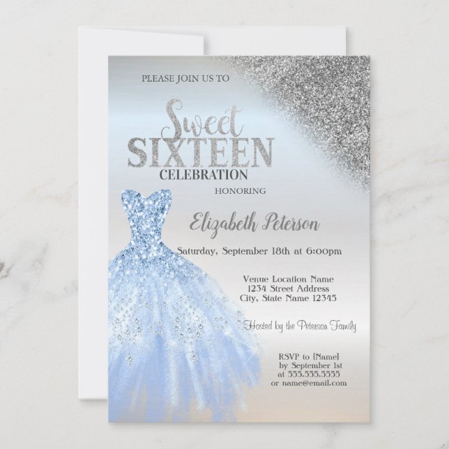 Convites Glitter de Prata Bokeh,Blue Dress Silver Sweet 16 (Frente)