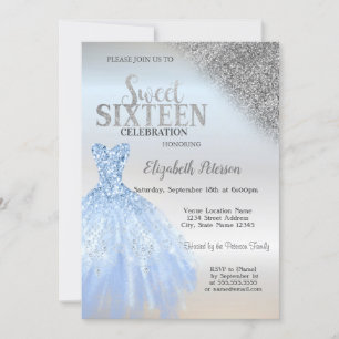 Convites Glitter de Prata Bokeh,Blue Dress Silver Sweet 16