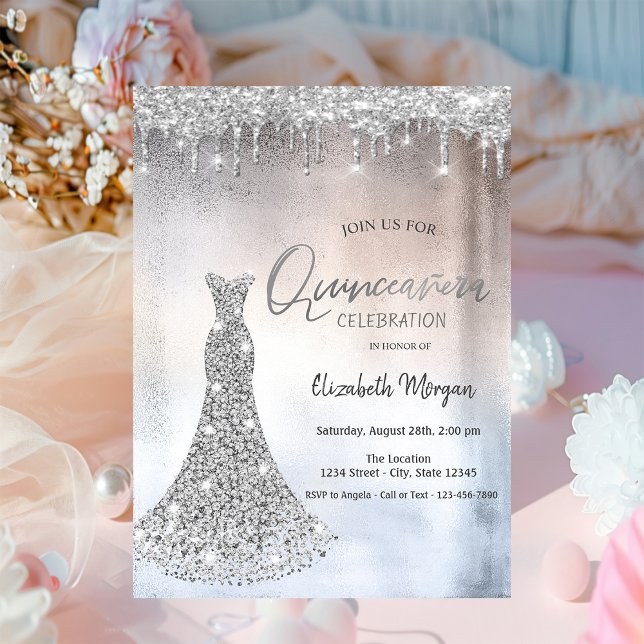 Convites Glitter De Prata Cai,Diamantes Vestir Quinceanera (Criador carregado)