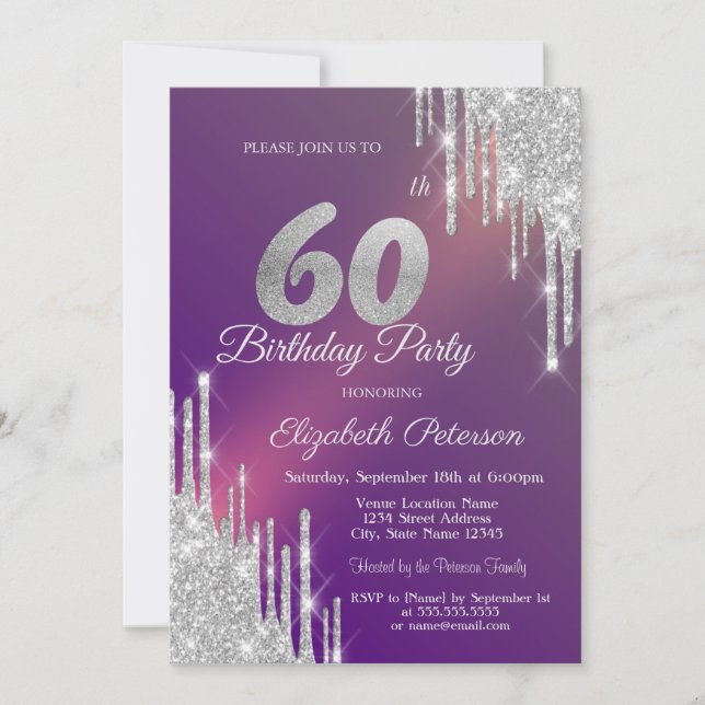 Convites Glitter de Prata Chic Drips Purple 60th Birthday (Frente)