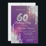 Convites Glitter de Prata Chic Drips Purple 60th Birthday<br><div class="desc">Um moderno,  chique e glamouroso com brilho prateado pingando em fundo roxo.</div>
