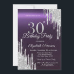 Convites Glitter de Prata Coloca aniversário de 30 anos Rox<br><div class="desc">Um moderno,  chique e glamouroso com brilho prateado pingando em fundo roxo.</div>