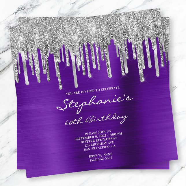 Convites Glitter de Prata Coloca Folha de Violeta 60º Anive (Purple and silver dripping glitter birthday invite.)
