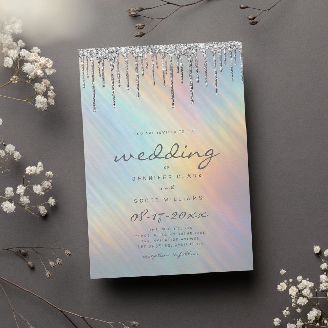 Convites Glitter de Prata Derruba Casamento Holográfico Arc (Silver Glitter Drips Rainbow Holographic Wedding Invitation )
