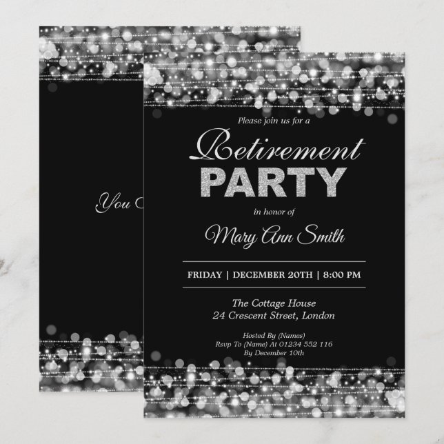 Convites Glitter de Prata do Partido da Reforma Elegante (Frente/Verso)