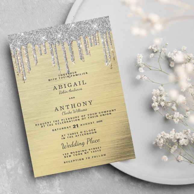 Convites Glitter de prata dourado esgueirado casado branco (Elegant gold silver glitter drips white wedding)