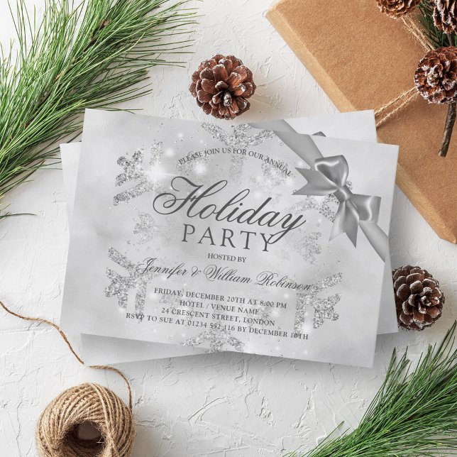 Convites Glitter de prata e fita | Feriado de Natal (Silver Glitter & Ribbon | Xmas Holiday Invitation)