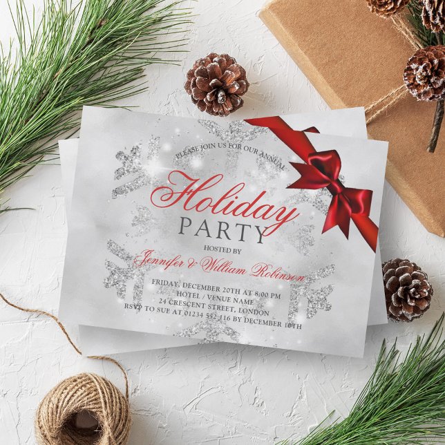 Convites Glitter de prata e fita | Vermelho Natal (Silver Glitter & Ribbon | Xmas Holiday Red Invitation)
