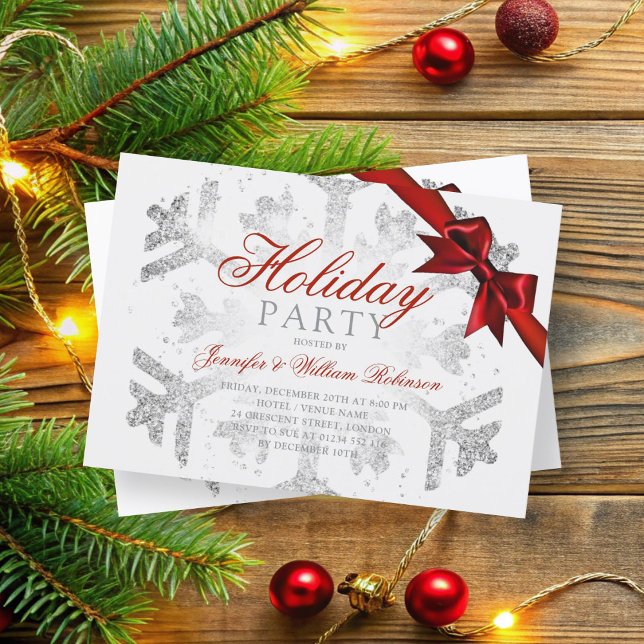 Convites Glitter de prata e fita | Vermelho Natal (Silver Glitter & Ribbon | Xmas Holiday Red Invitation)
