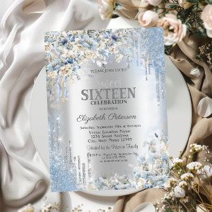 Convites Glitter de Prata Flores Azuis Doce 16