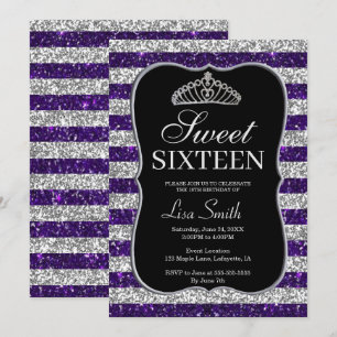 Convites Glitter de Prata Púrpura Chic Elegante Tiara Sweet