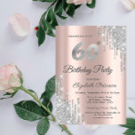 Convites Glitter de prata Rosa Dourado 60º aniversário<br><div class="desc">Um moderno,  chique e glamouroso com brilho prateado pingando um fundo rosa de ouro.</div>