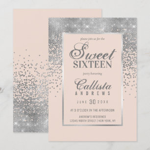 Convites Glitter de Prata Rosa Escamoteado Chic Confetti Sw