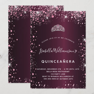 Convites Glitter de quinceanera burgundy rosa-tiara