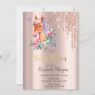 Convites Glitter de Rosa Dourado Fluido Floral Pônei Chá de