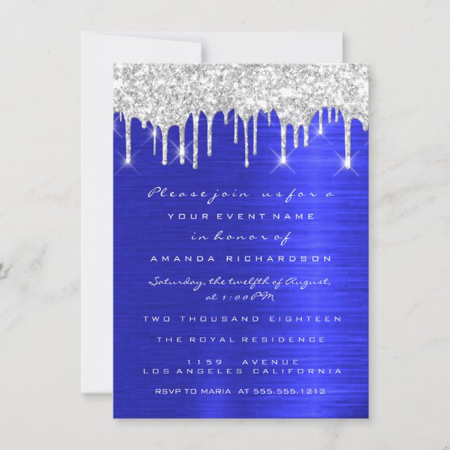 Convites Glitter de Silver Spark Drips Royal Blue Bridal 16 (Frente)