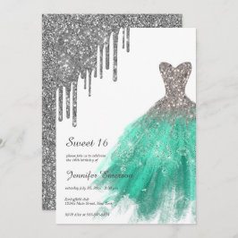 Convites Glitter de Vestido Verde Coloca Dezesseis