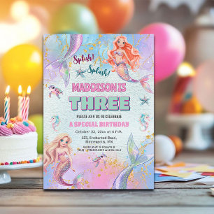 Convites Glitter Debaixo do Mar Sereias Aniversário de 3 An