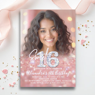 Convites Glitter Diamantes Rosa de Foto Chic Dourada Sweet 