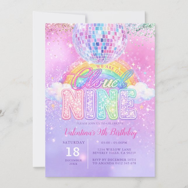 Convites Glitter Disco Ball Pastel Cloud Nine Birthday (Frente)