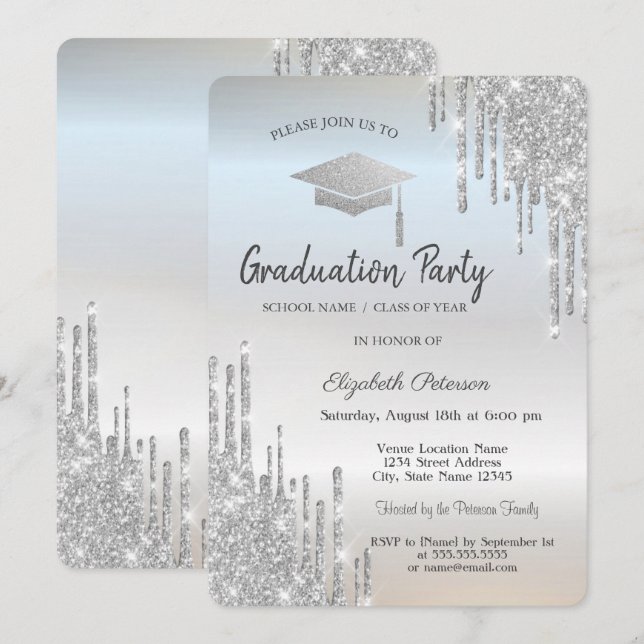 Convites Glitter do Boné de formatura de prata (Frente/Verso)