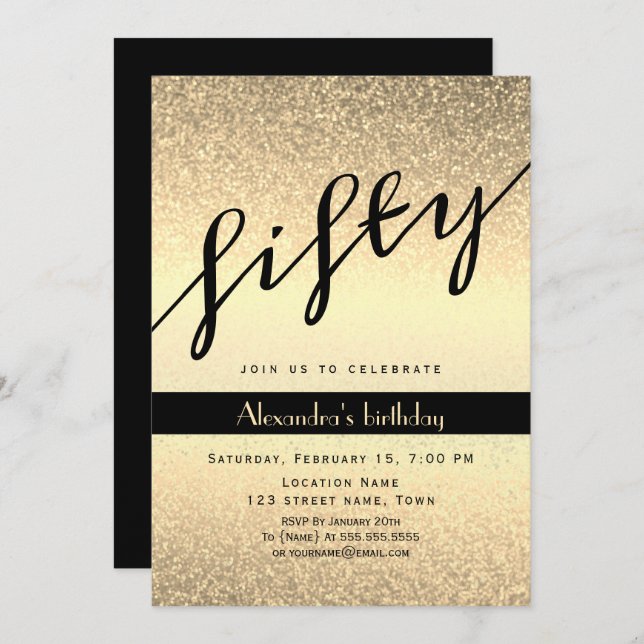 Convites Glitter Dourado 50º aniversário (Frente/Verso)