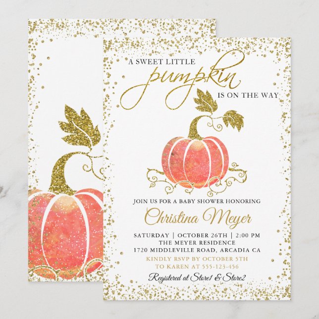 Convites Glitter Dourado Abóbora Sexo Chá de fraldas Neutro (Frente/Verso)