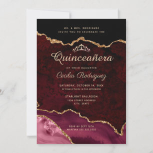 Convites Glitter Dourado Agato de Borgonha Quinceanera