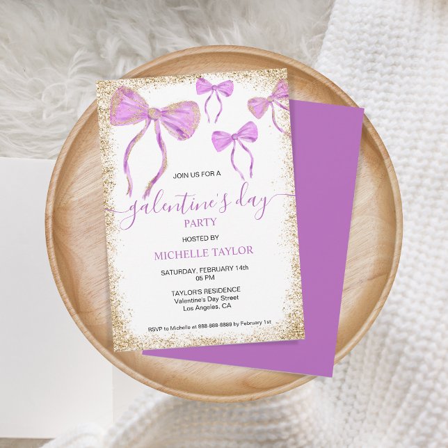 Convites Glitter Dourado Arcos Roxos do Dia da Galentina (purple bows glitter gold)